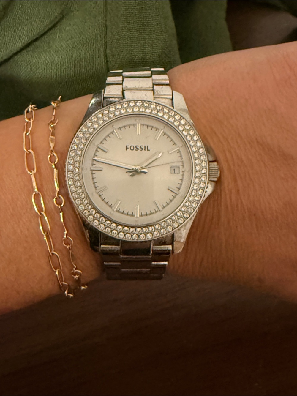 Fossil Silver Crystal-Trim Stainless Steel Women's Bracelet Watch